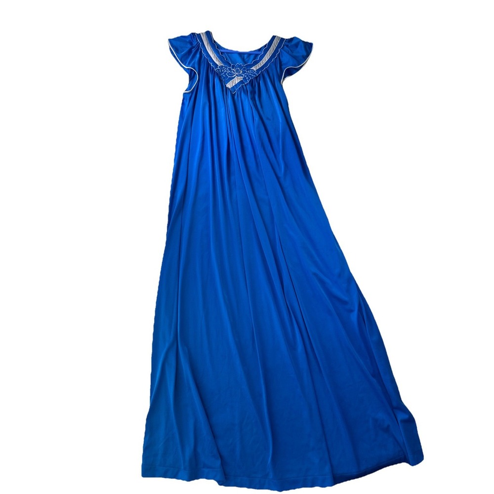 Vintage Cobalt Blue Long Nylon Nightgown‎ Shadowline Flutter Sleeve M Coquette